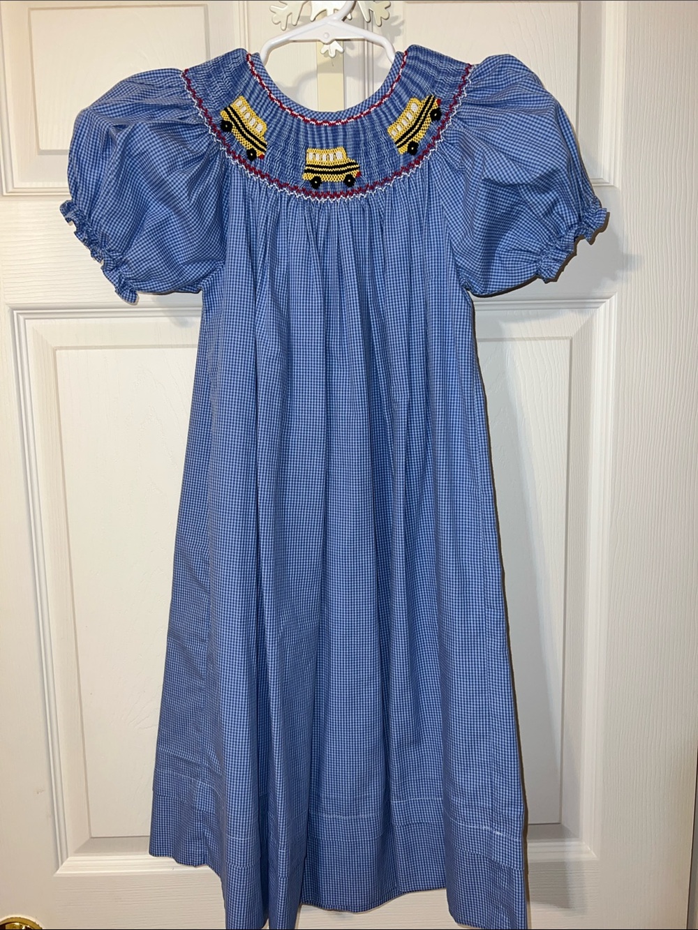 Blue Gingham Smocked School Bus Dress for Kids